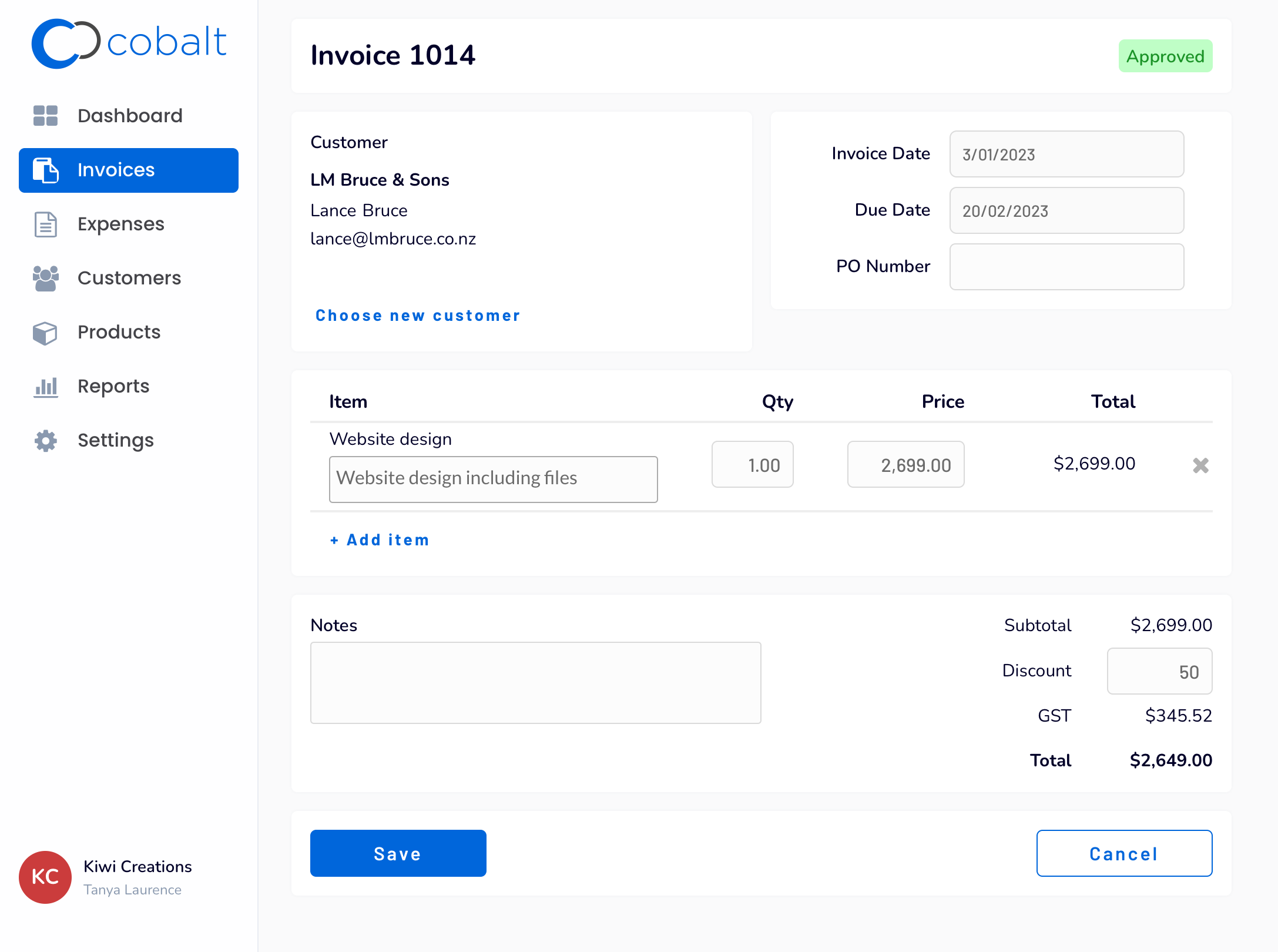 Cobalt invoice edit screen