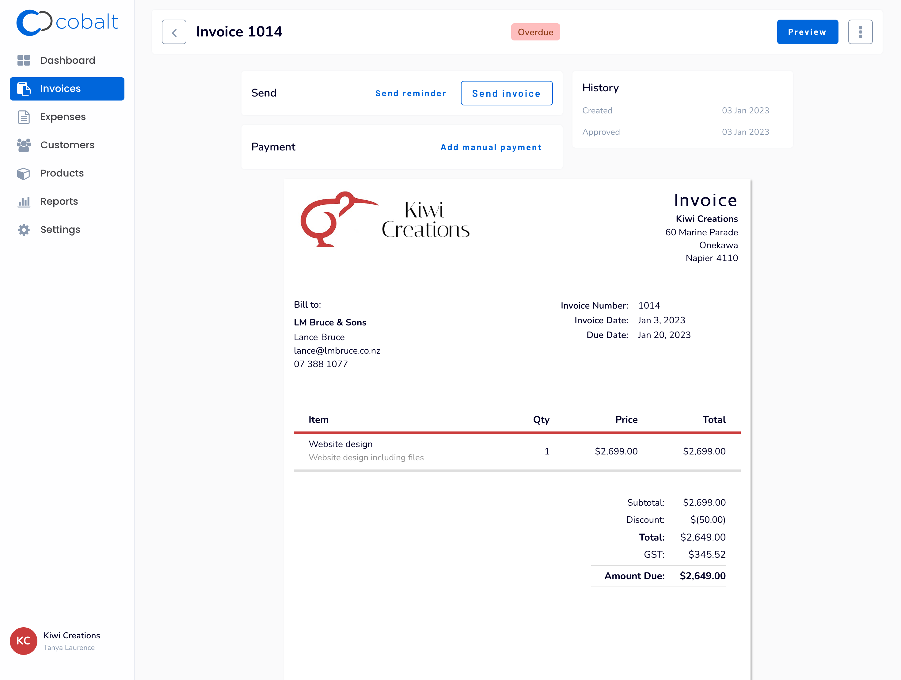 Cobalt invoice view screen