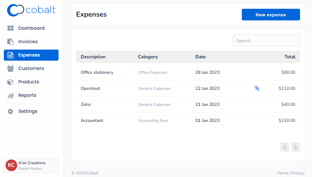 Cobalt expenses list screen