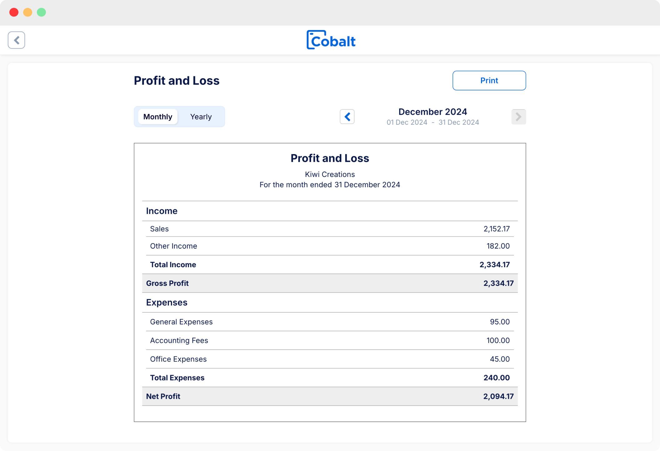 Cobalt Profit & Loss Report