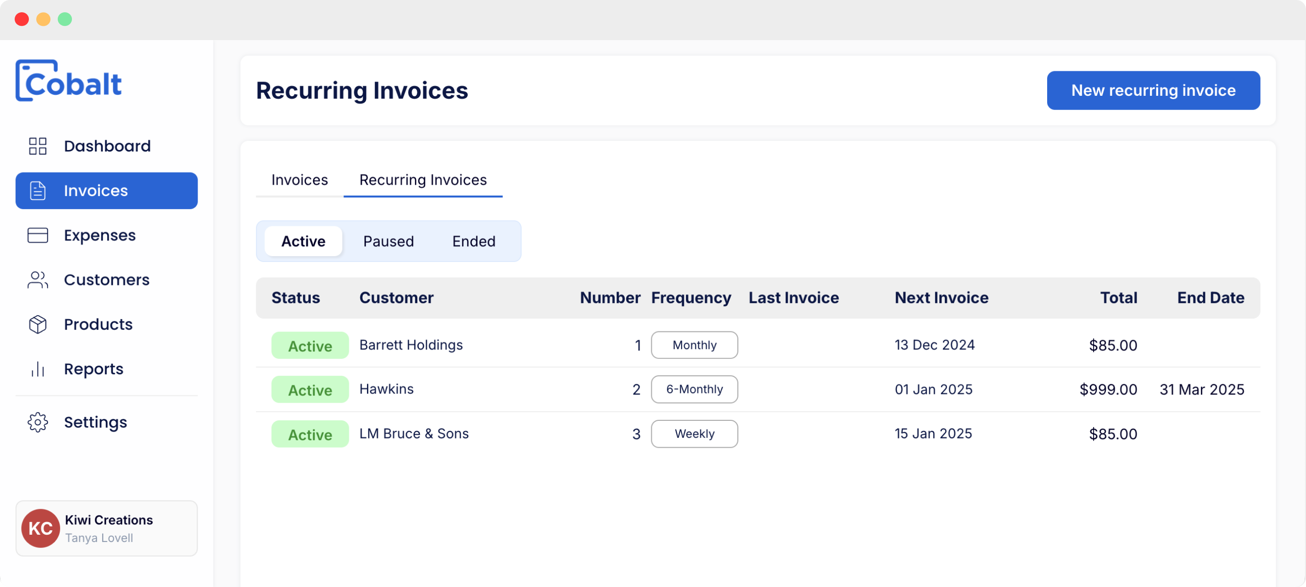 Recurring invoice creation in Cobalt